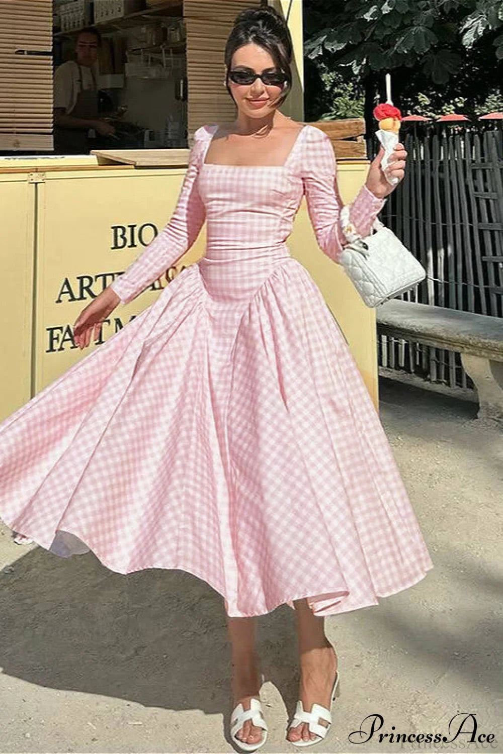 Plaid Flare Sleeve Waist Fitted Square Neck Maxi Dress