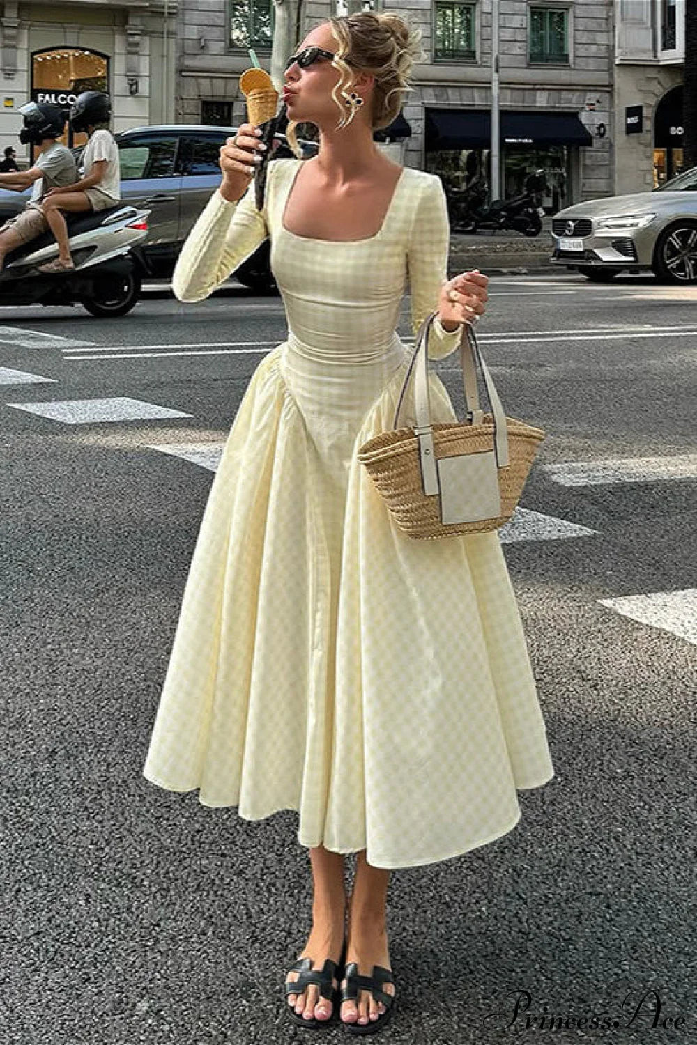 Plaid Flare Sleeve Waist Fitted Square Neck Maxi Dress Yellow / S