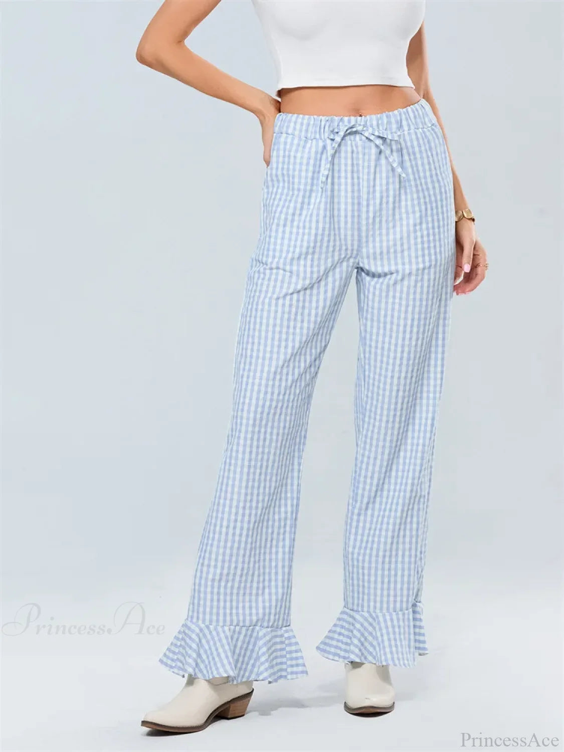 Plaid Flared Drawstring High Waist Casual Pant pant-250223