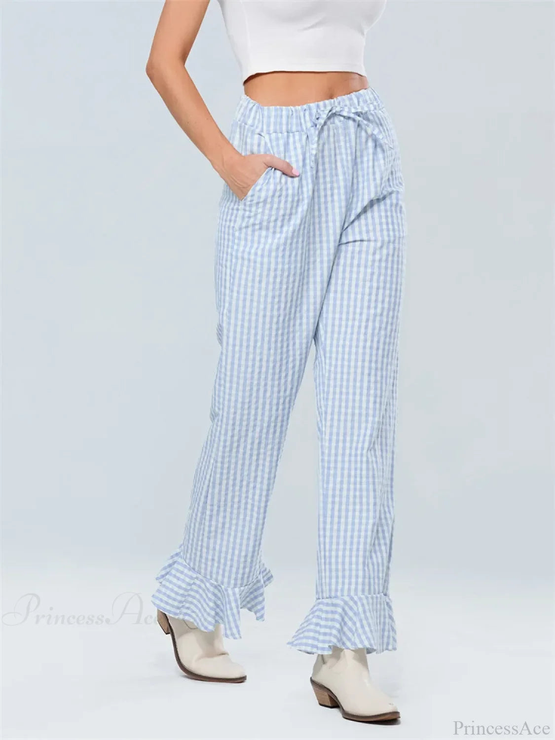 Plaid Flared Drawstring High Waist Casual Pant pant-250223