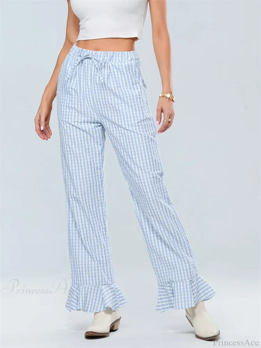 Plaid Flared Drawstring High Waist Casual Pant BLUE / S pant-250223
