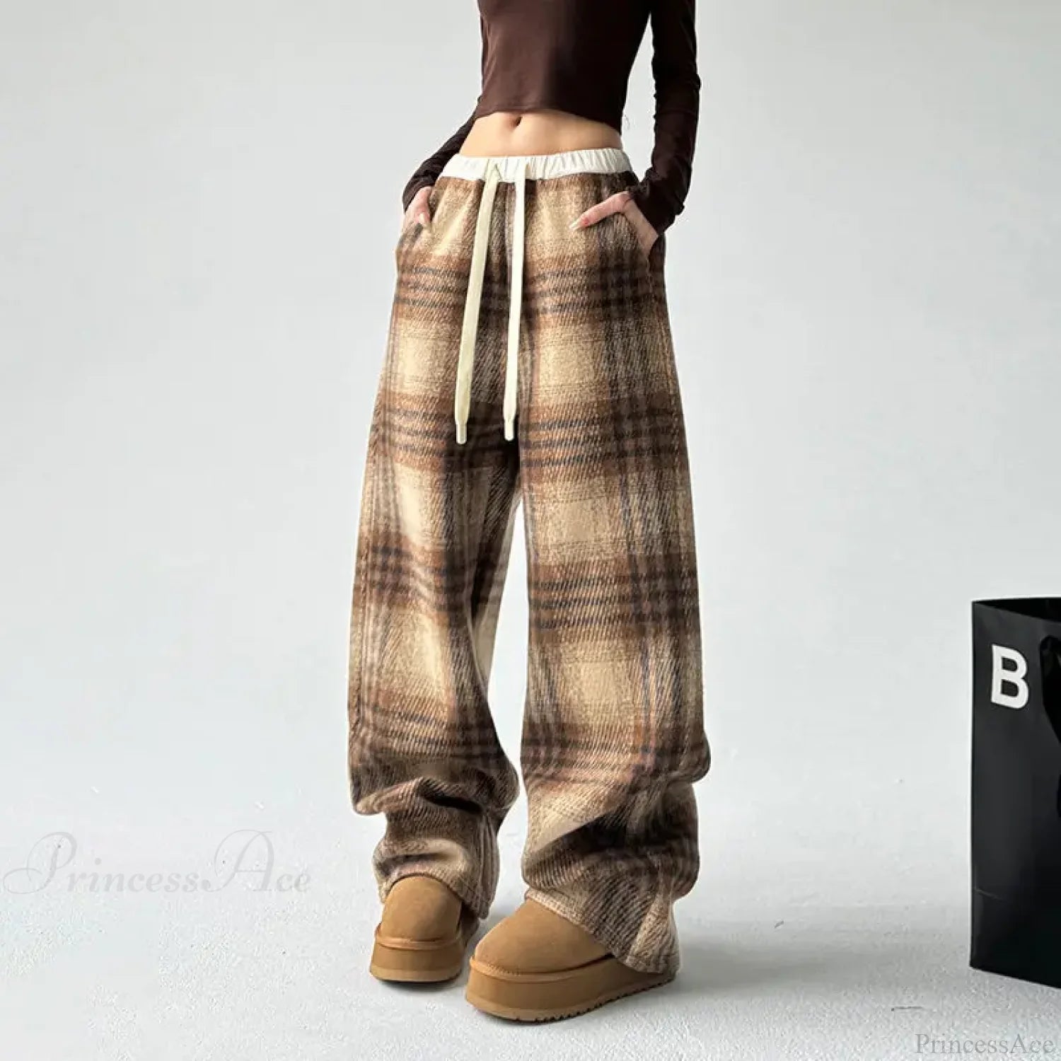 Plaid Fleece High Waist Casual Pants Yellow / S