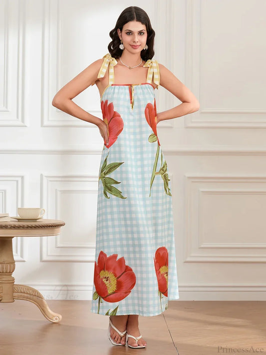 Plaid Flower Sleeveless Tank Floral Dress floraldress-250126