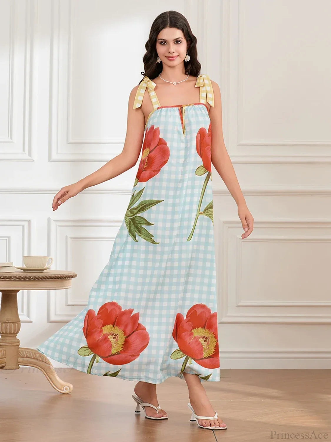 Plaid Flower Sleeveless Tank Floral Dress floraldress-250126