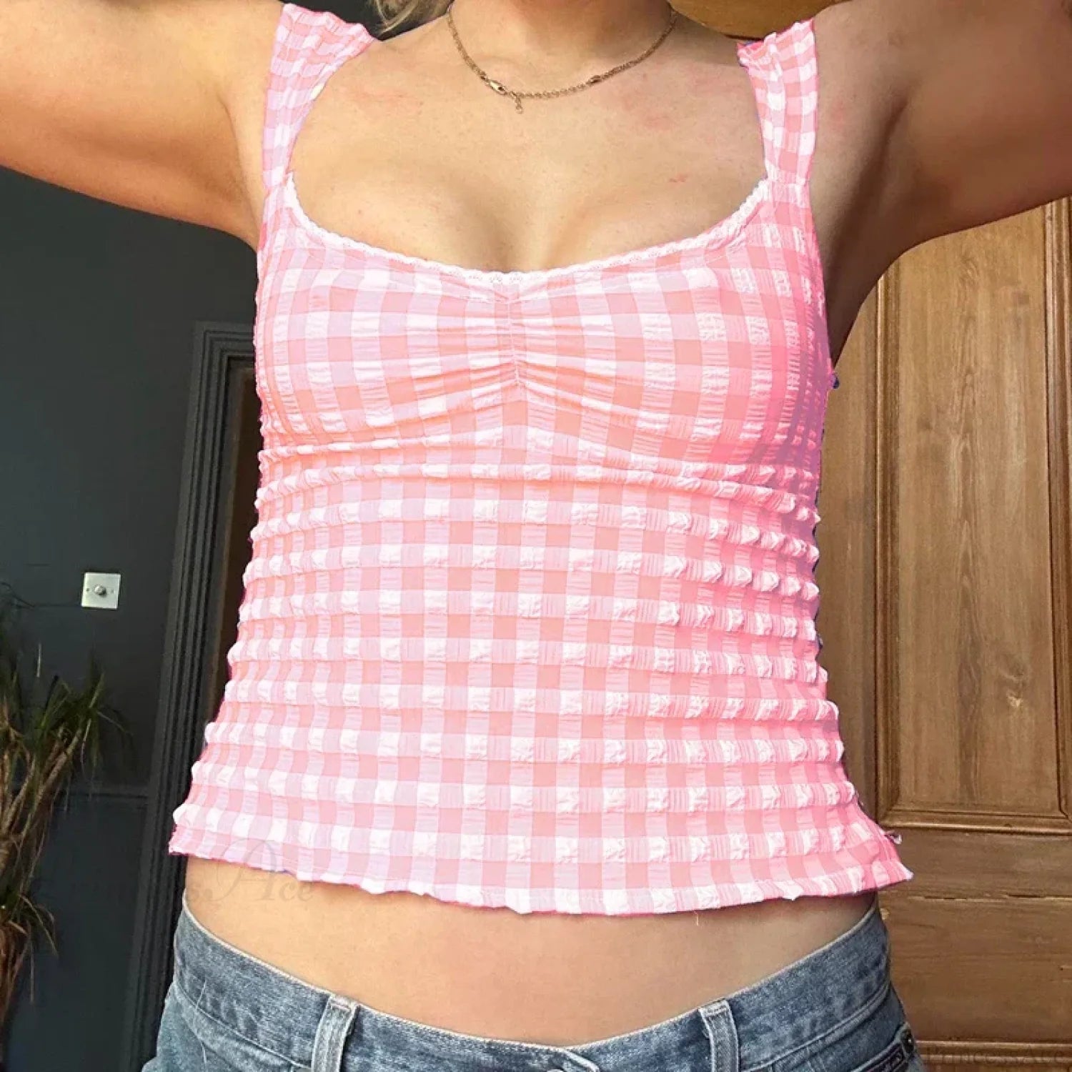 Plaid Gingham Lace Trim Square Collar Slim Fit Y2K Vintage Backless Crop Top Pink / S croptop-250126