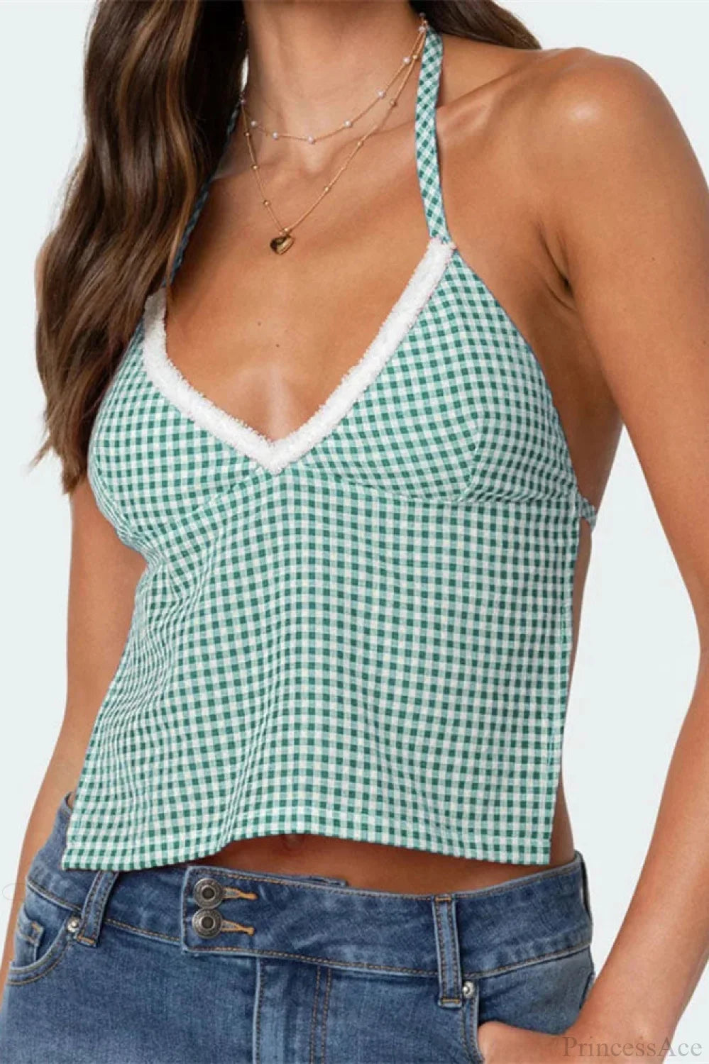 Plaid Halter Backless Deep V-neck Crop Top Green / S croptop-250126