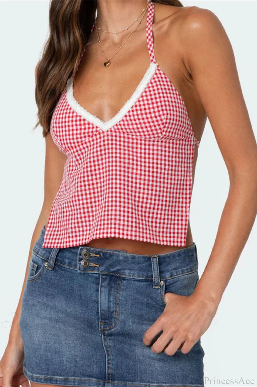 Plaid Halter Backless Deep V-neck Crop Top Pink / S croptop-250126