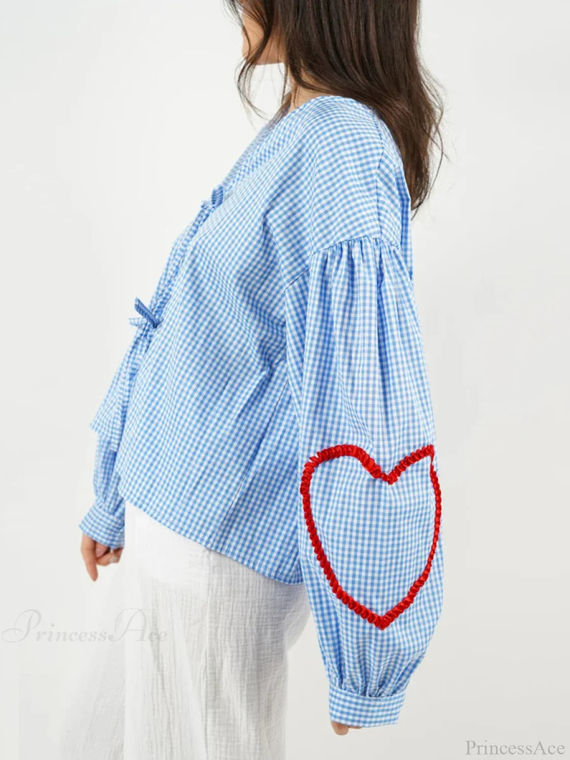 Plaid Heart Trim Tie-Up Blouse blouse-250223