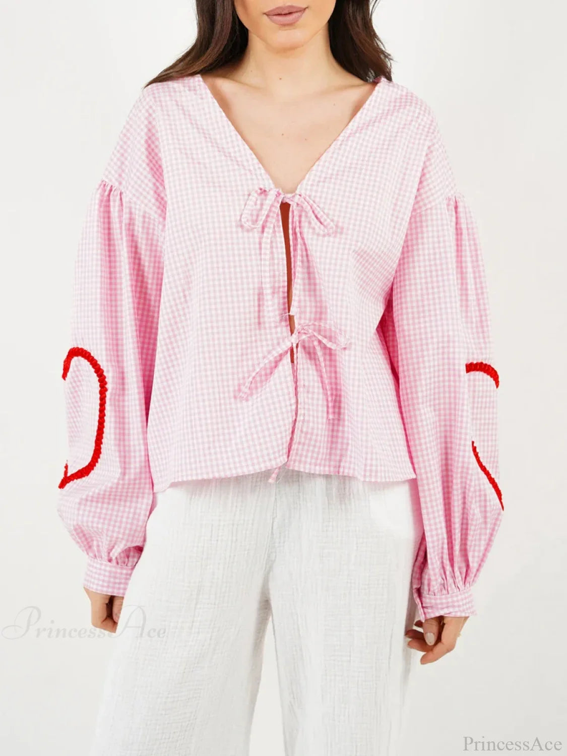 Plaid Heart Trim Tie-Up Blouse blouse-250223