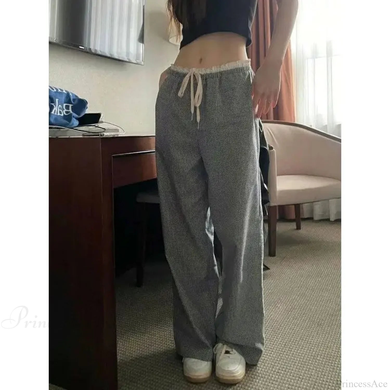 Plaid High Waist Baggy Pants grey / S