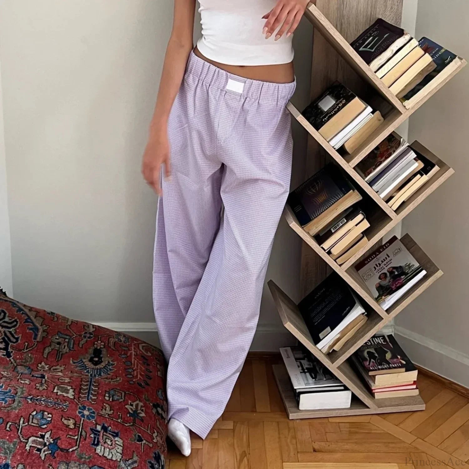 Plaid High Waist Straight Wide Leg Pajama Pant pant-250223