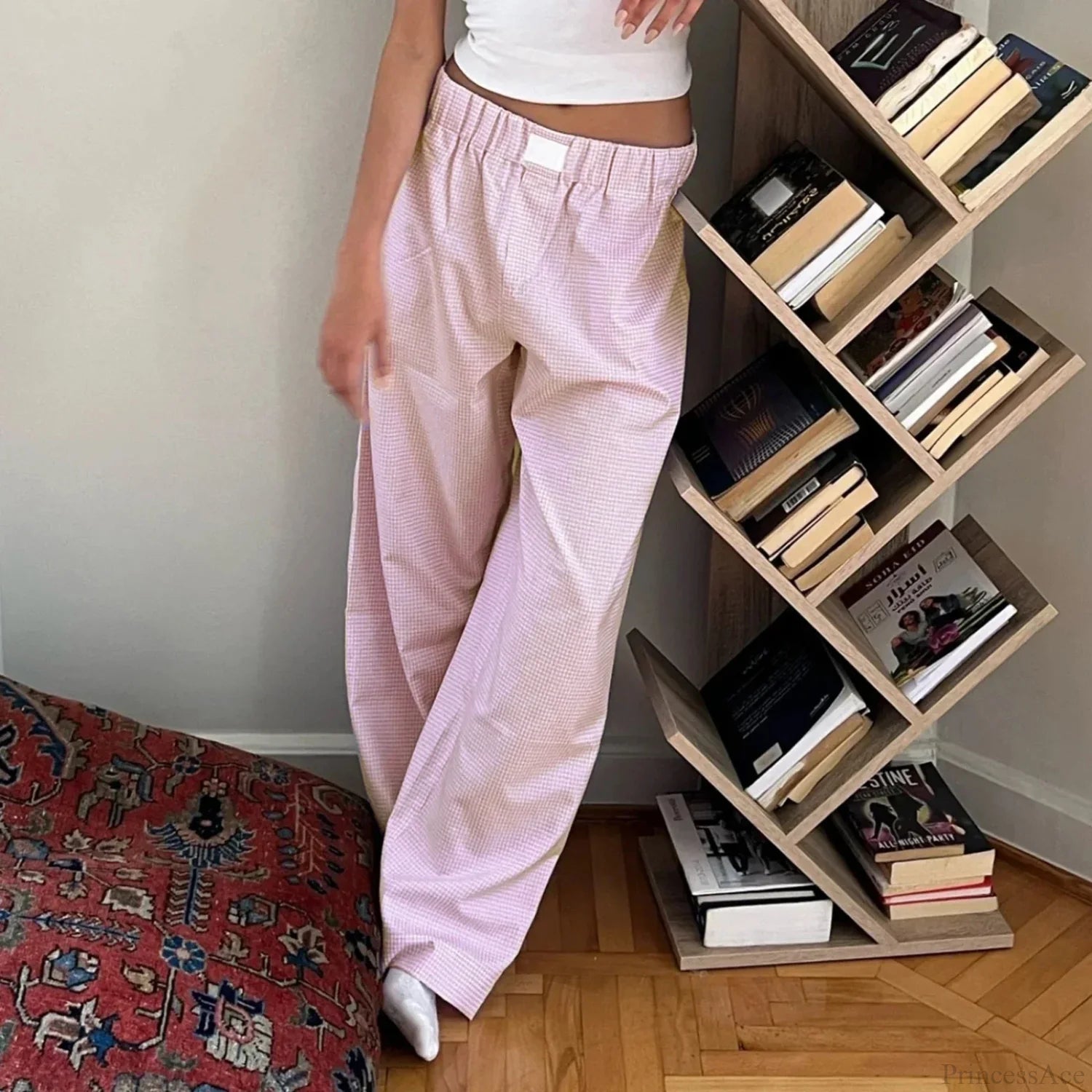 Plaid High Waist Straight Wide Leg Pajama Pant Pink / S pant-250223