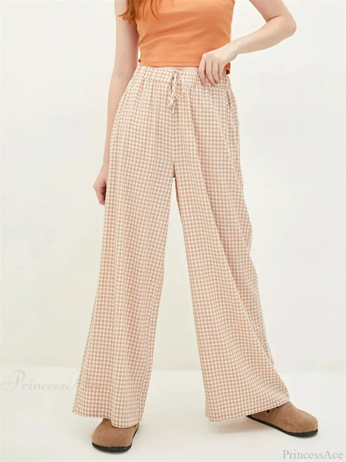 Plaid High-Waisted Drawstring Wide Leg Streetwear Pant pant-250223