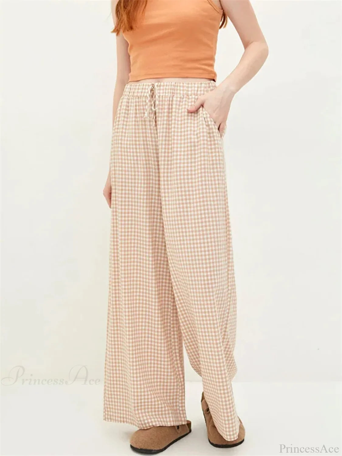 Plaid High-Waisted Drawstring Wide Leg Streetwear Pant pant-250223
