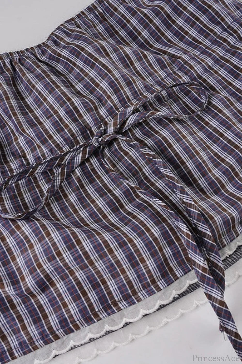 Plaid Lace Cropped Elastic Tie Waist Two Piece Set