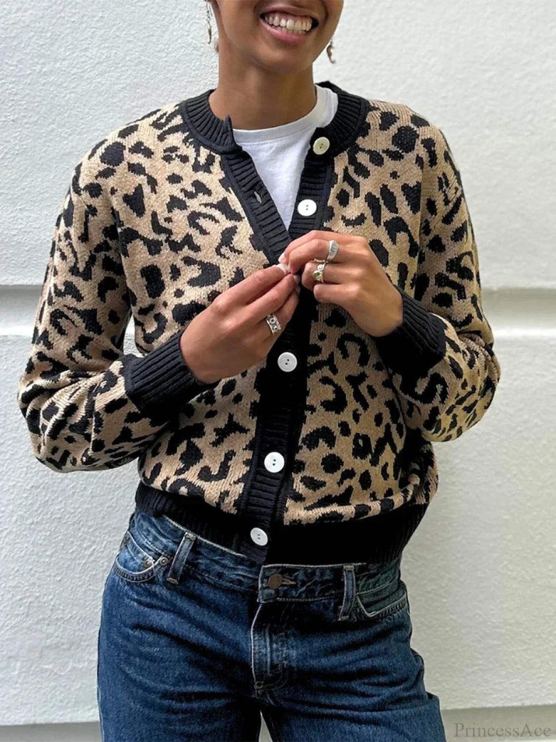 Plaid Lantern Sleeve Knit Cardigan coffee / S