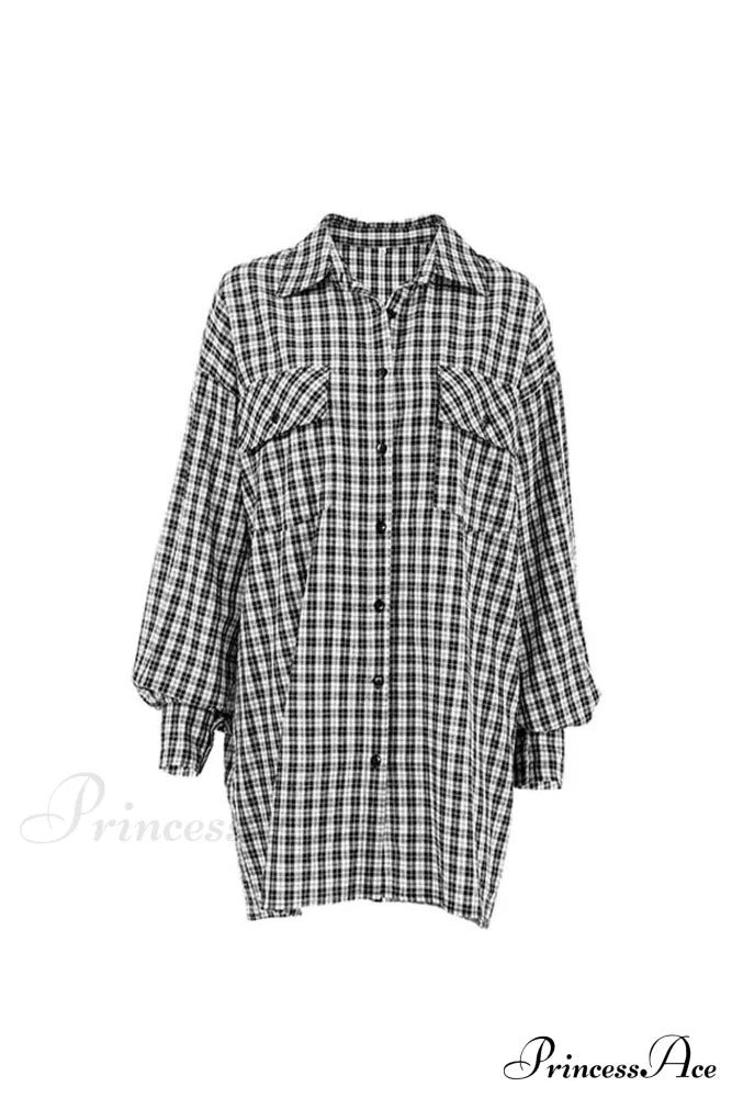 Plaid Lantern Sleeve Long Blouse With Drop Shoulder Blouses