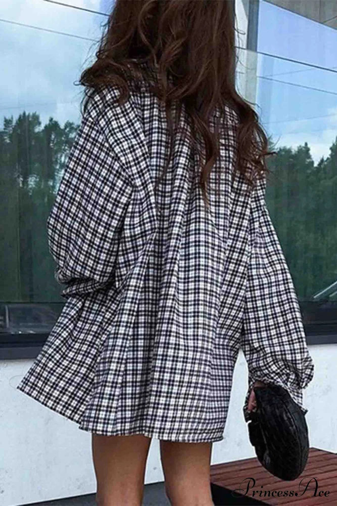 Plaid Lantern Sleeve Long Blouse With Drop Shoulder Blouses