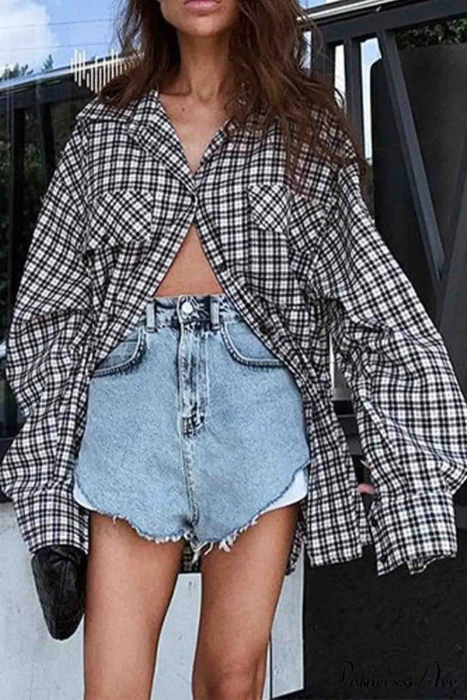 Plaid Lantern Sleeve Long Blouse With Drop Shoulder / S Blouses