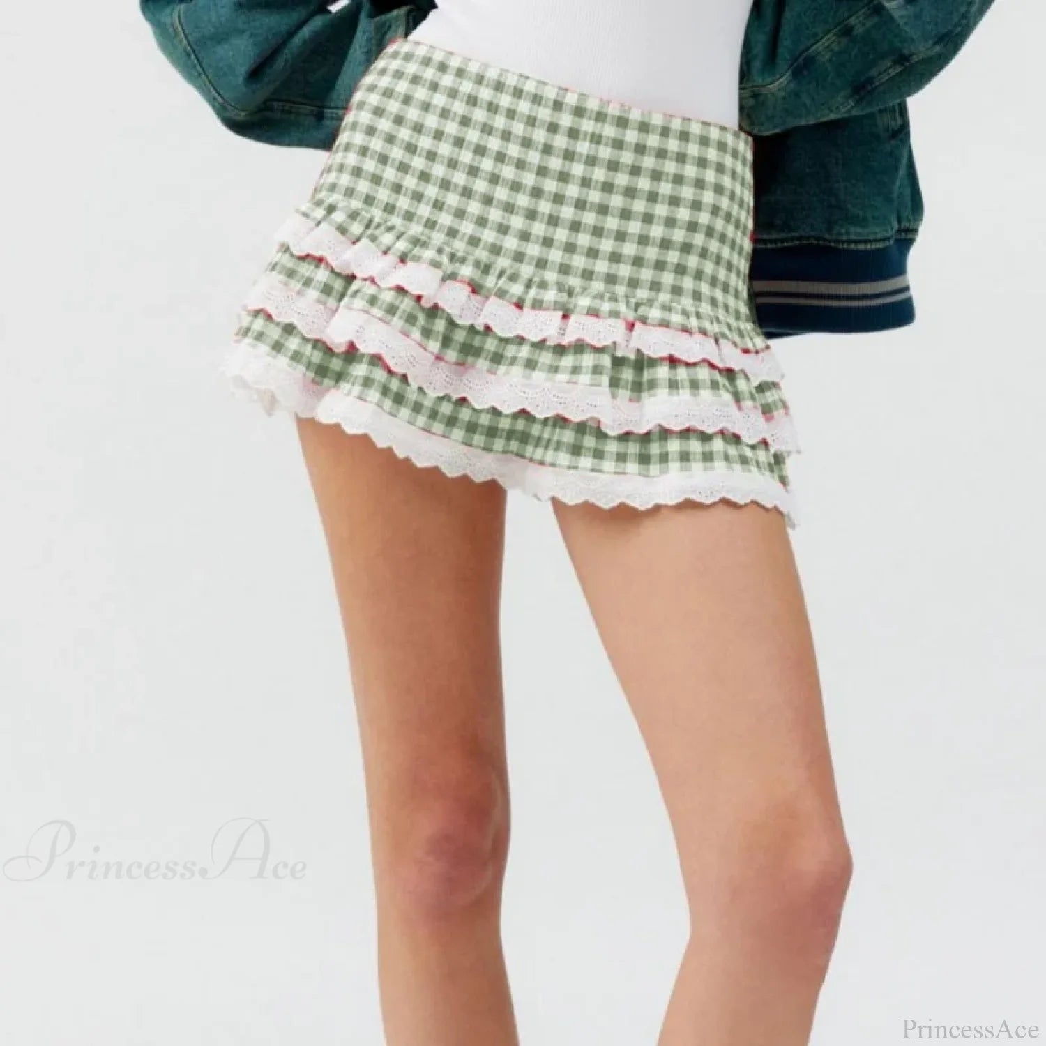 Plaid Layered Lace Zip Skirt Green / S skirts-250223
