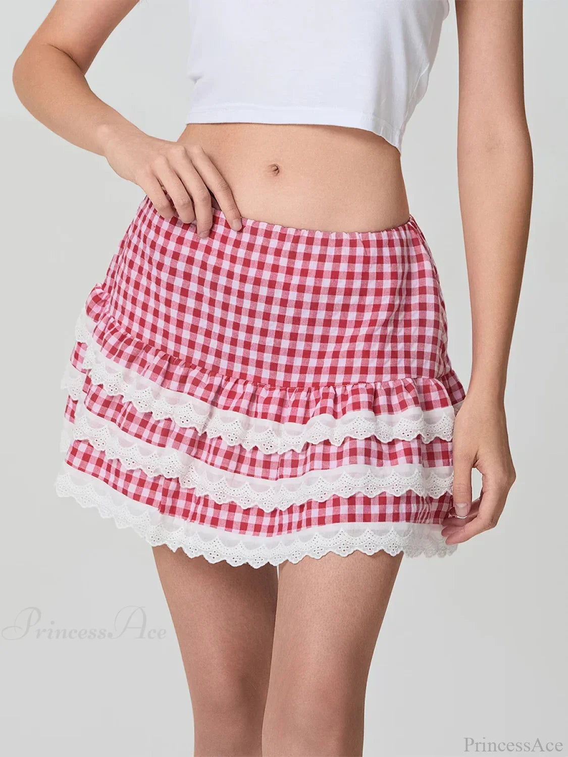 Plaid Layered Lace Zip Skirt skirts-250223
