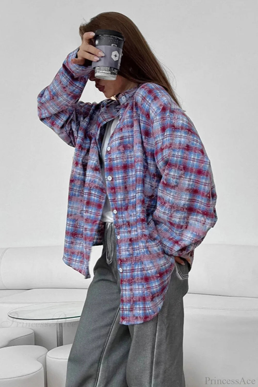 Plaid Long Sleeve Loose Casual Blouse