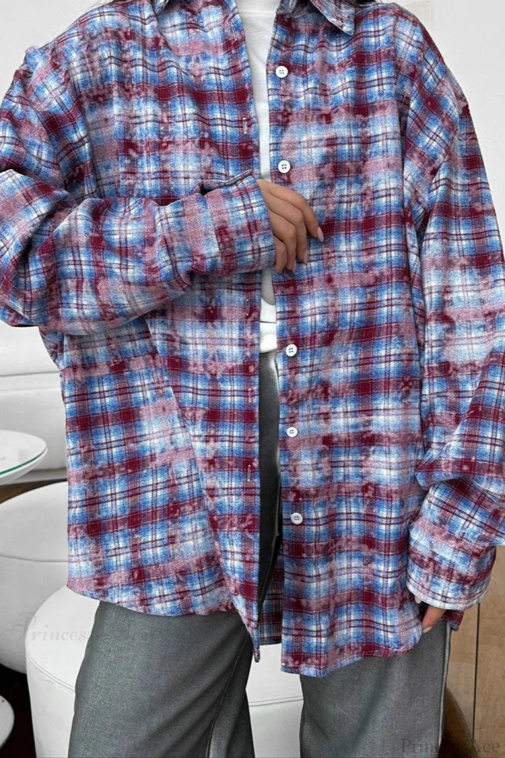 Plaid Long Sleeve Loose Casual Blouse Red / S