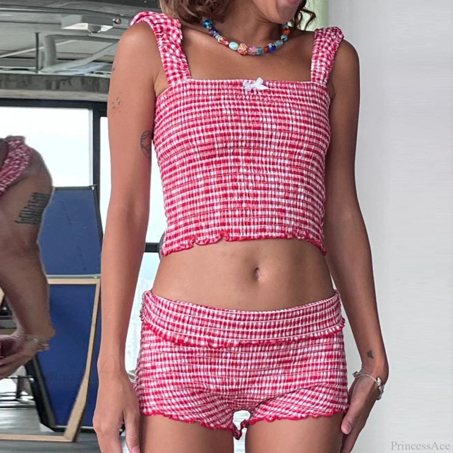 Plaid Matching Cropped Tank High Waist Shorts Two Pieces Set twopiecesset-250126