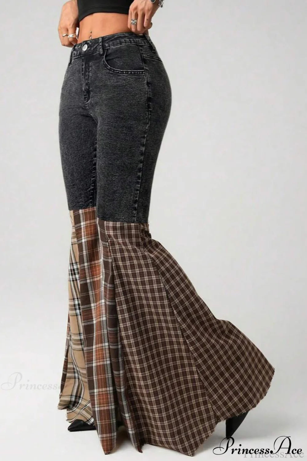 Plaid Patchwork Flared Denim High Waist Jeans