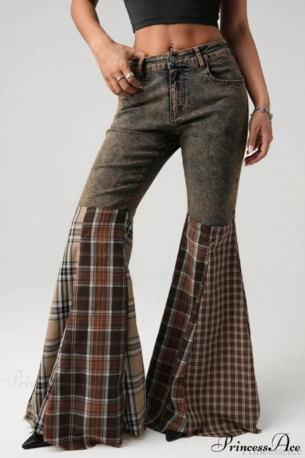 Plaid Patchwork Flared Denim High Waist Jeans Brown / S