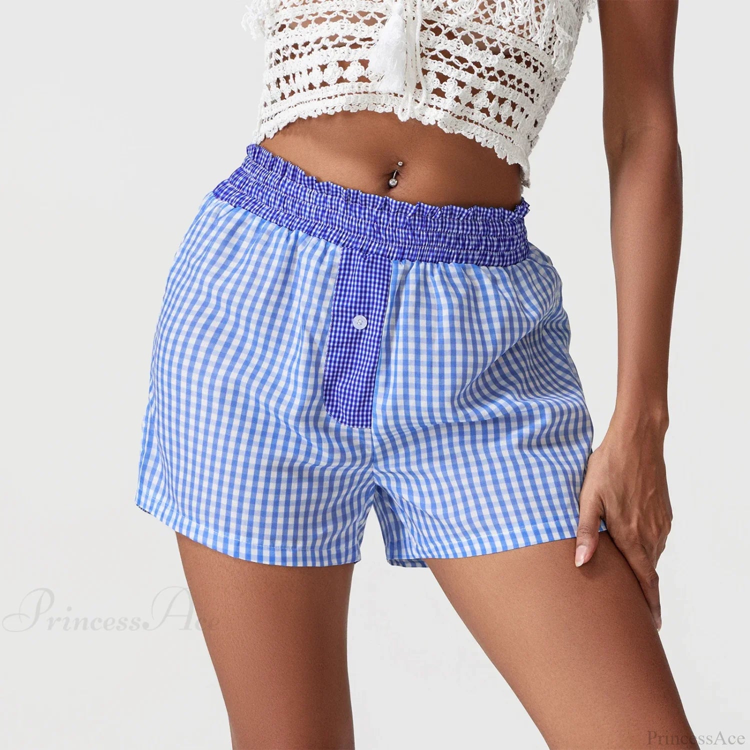Plaid Patchwork Loose Lounge Short Blue / S short-250223
