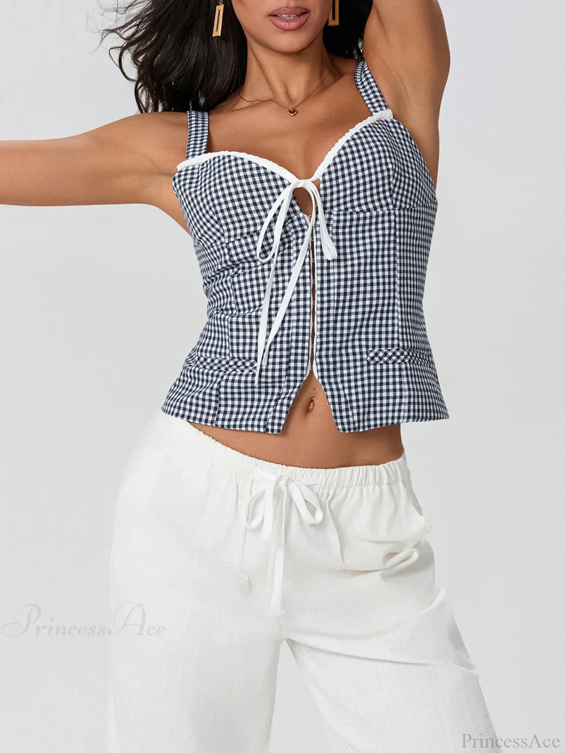 Plaid Print Backless Sleeveless Low Cut Tied Crop Vest croptop-250126