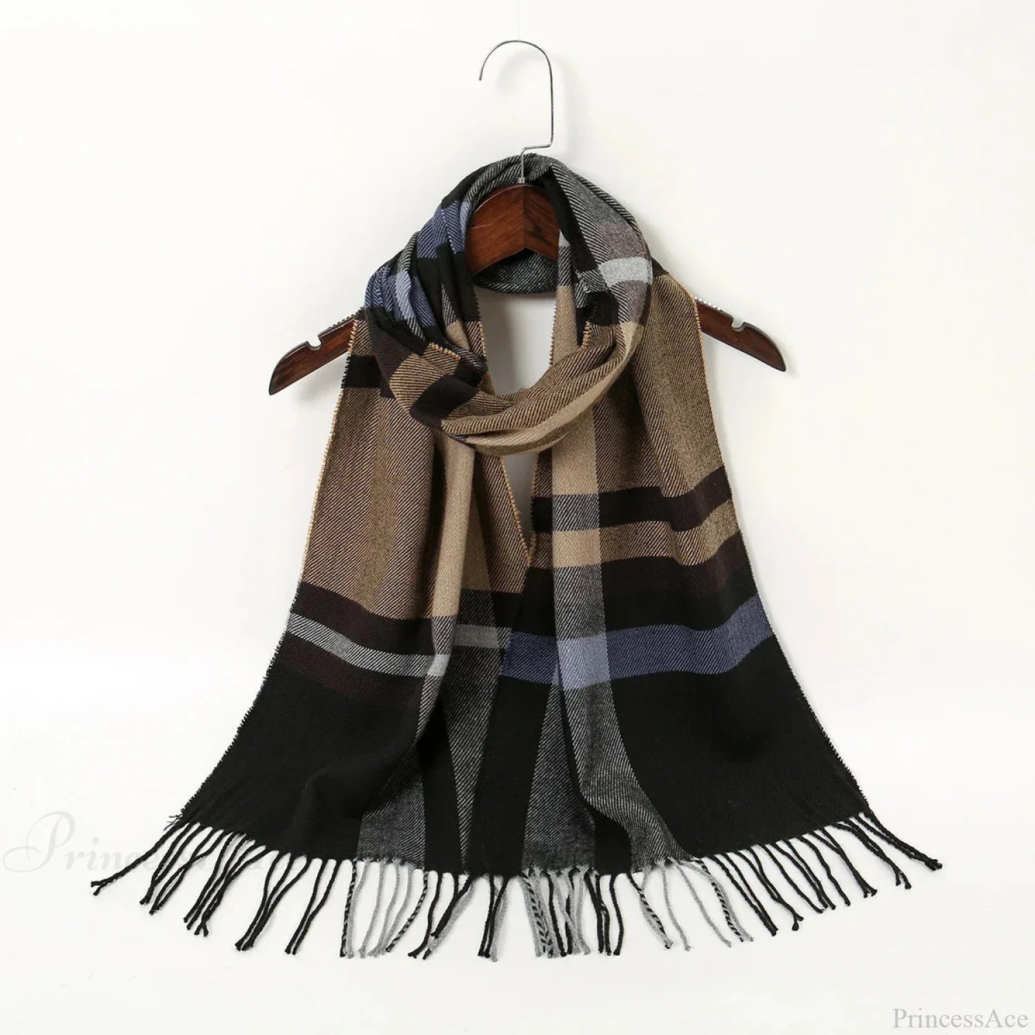 Plaid Print Cashmere Winter Pashmina Scarf - Luxury Travel Essential Blue Scarfs-L