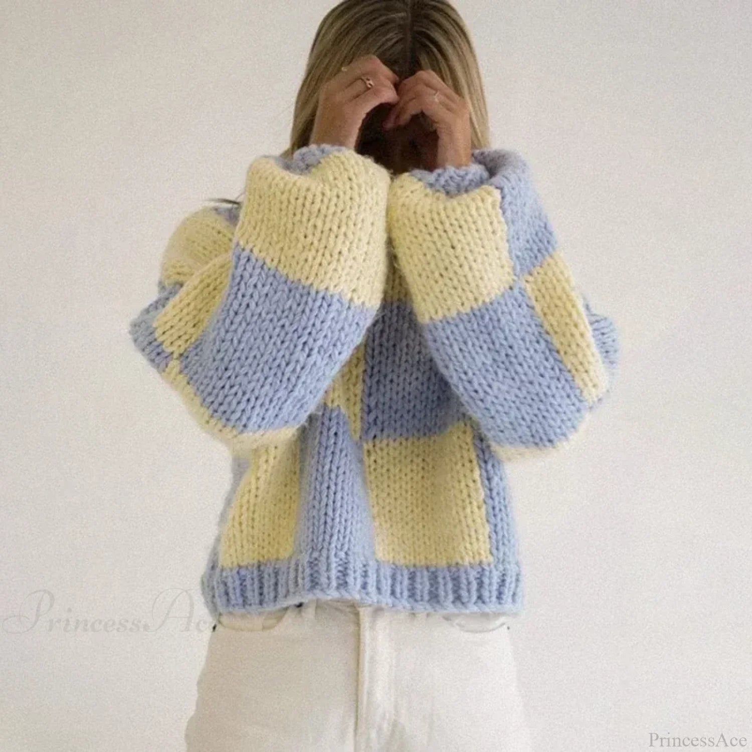 Plaid Print Cropped Comfy Sweater Blue / S