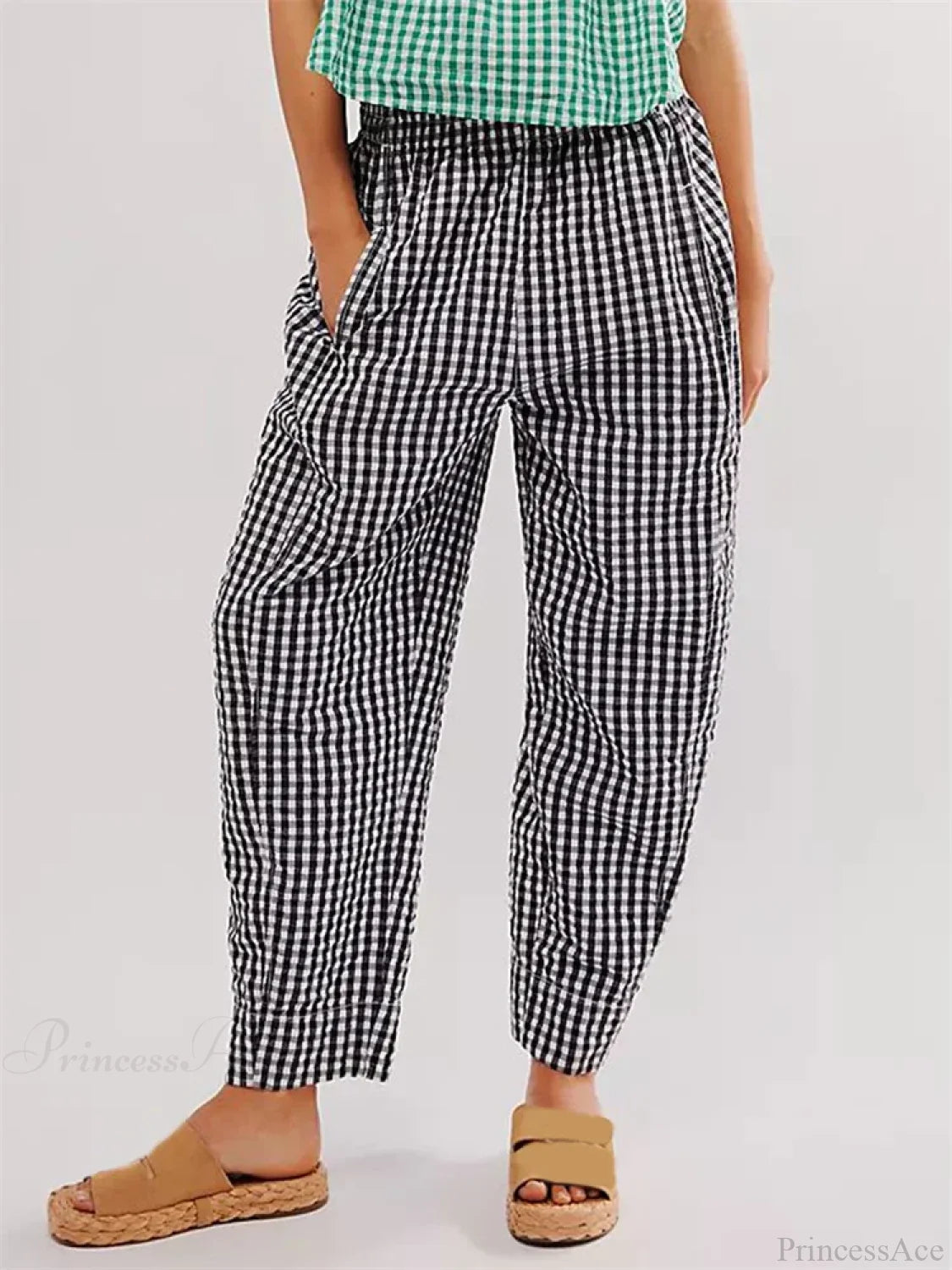 Plaid Print Elastic Waist Loose Wide Leg Pant BLACK / S pant-250223