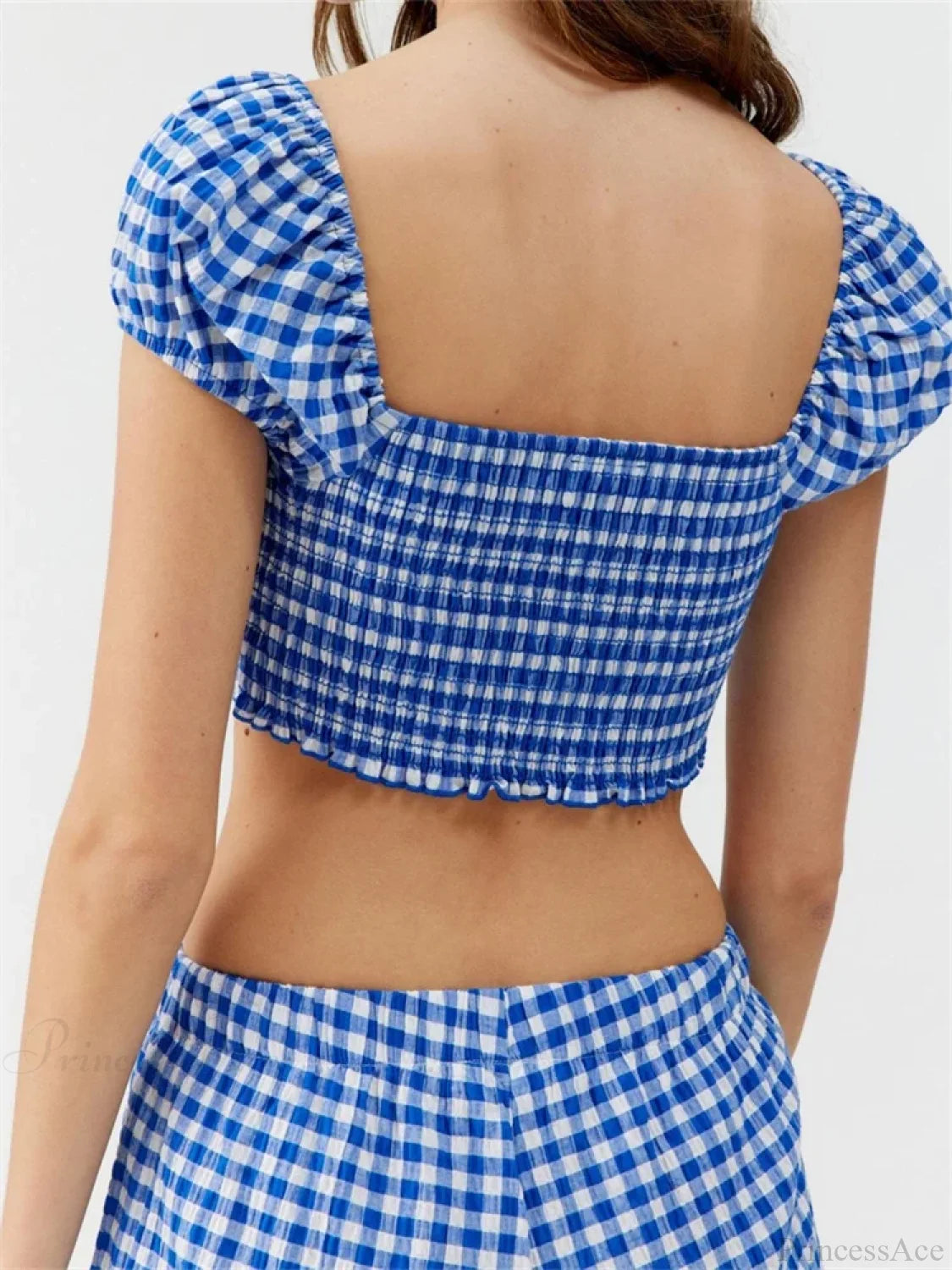 Plaid Print Knotted Short Sleeve T-shirt Crop Top with Elastic Waist Shorts Set twopiecesset-250126