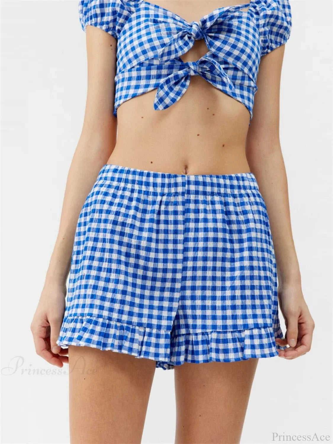 Plaid Print Knotted Short Sleeve T-shirt Crop Top with Elastic Waist Shorts Set twopiecesset-250126