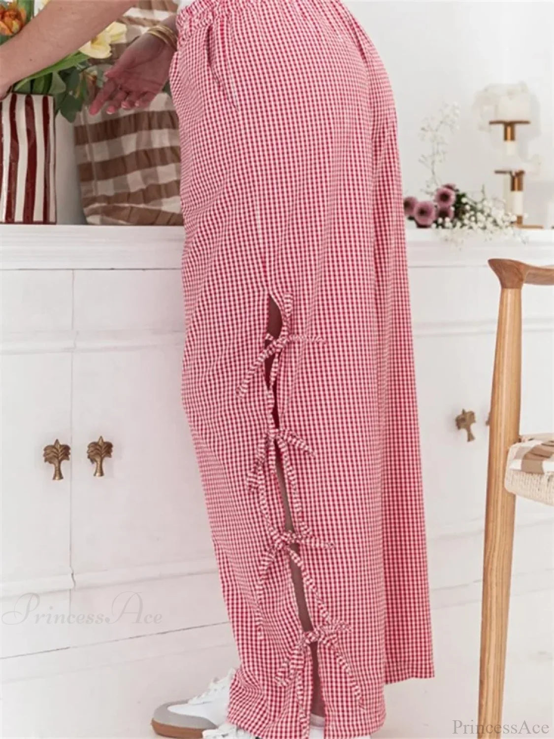 Plaid Print Lace-Up Side Hollow Casual Wide Pant pant-250223
