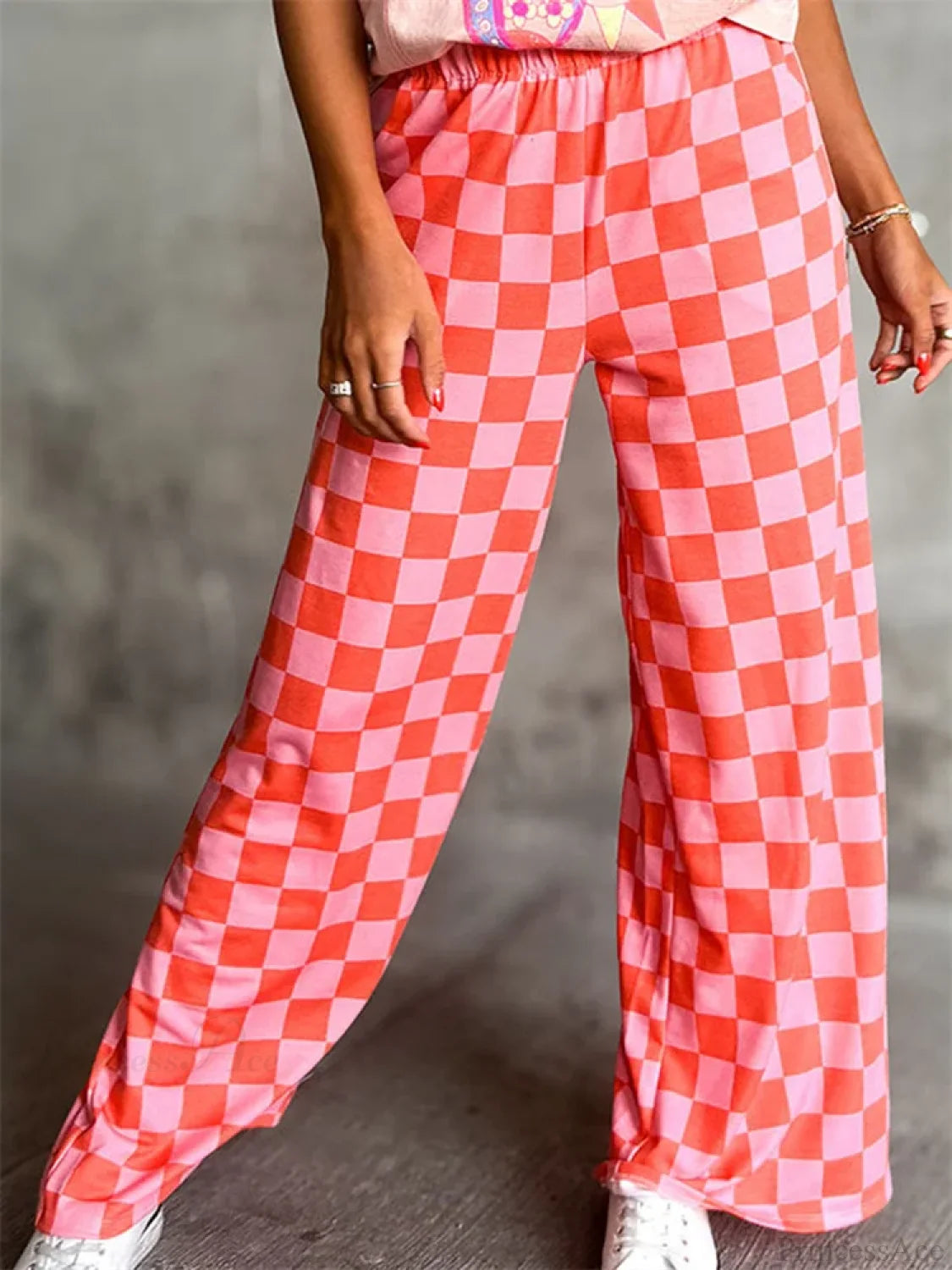 Plaid Print Wide Leg Elastic Waist Casual Pant RED / S pant-250223