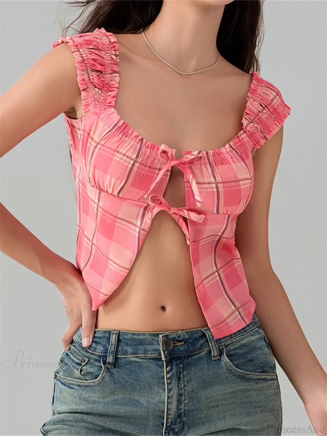 Plaid Round Neck Front Split Sleeveless Crop Top croptop-250126