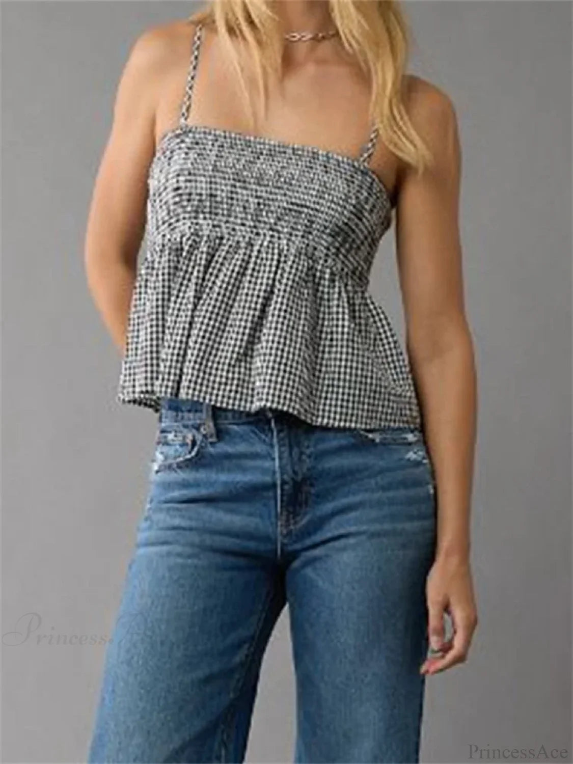 Plaid Ruffle Hem Square Neck Spaghetti Crop Top BLACK / S croptop-250126
