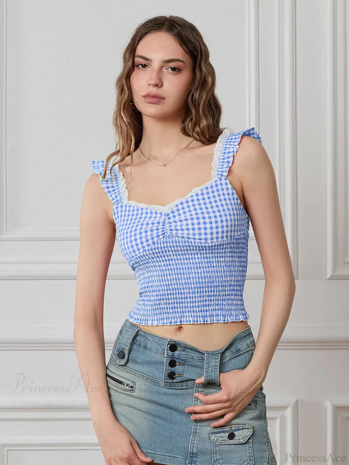 Plaid Ruffle Strap Sweetheart Lace Trim Cropped Tank Top GREEN / S croptop-250126