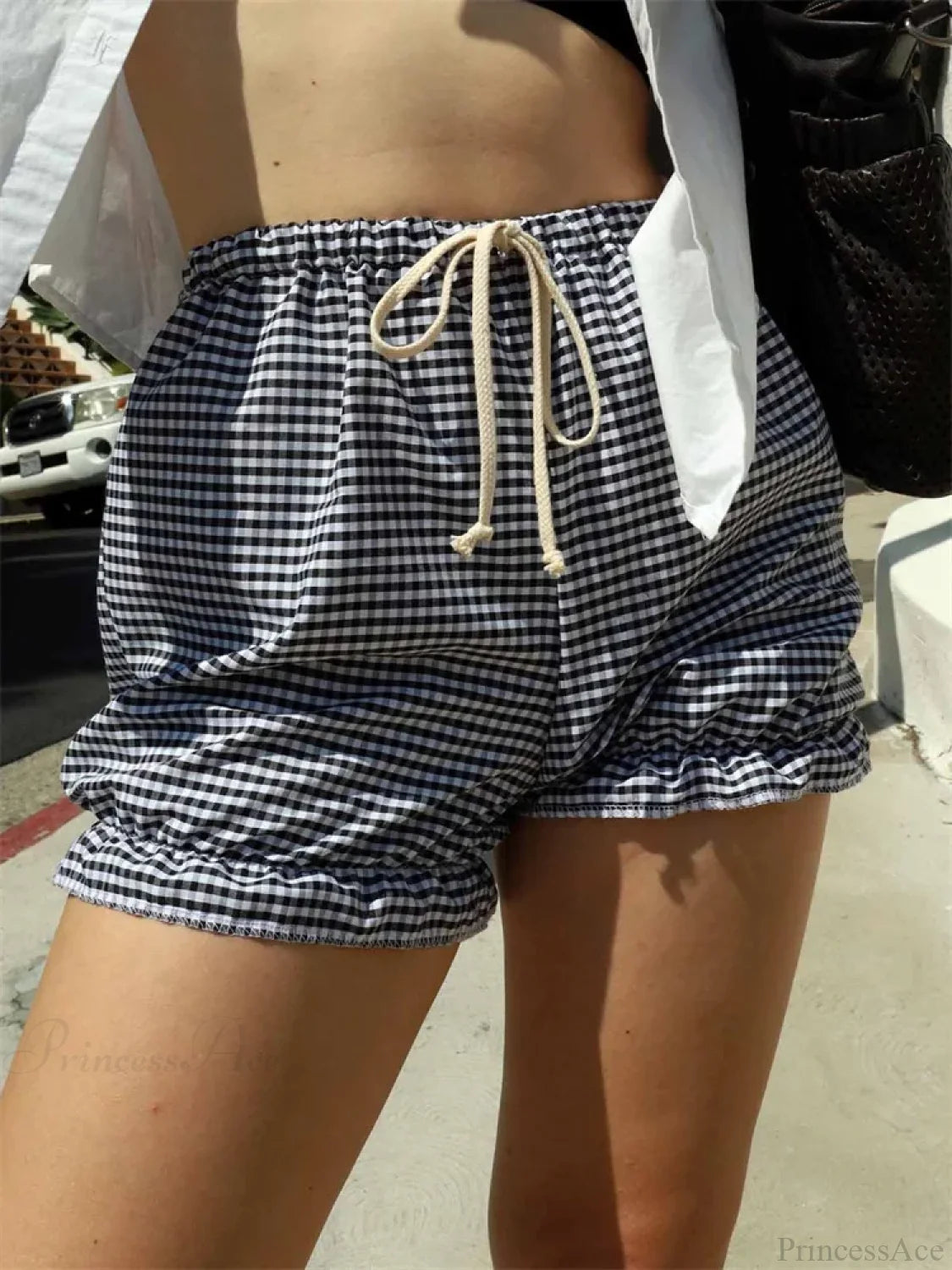 Plaid Ruffled Drawstring Bloomer Short black / S short-250223