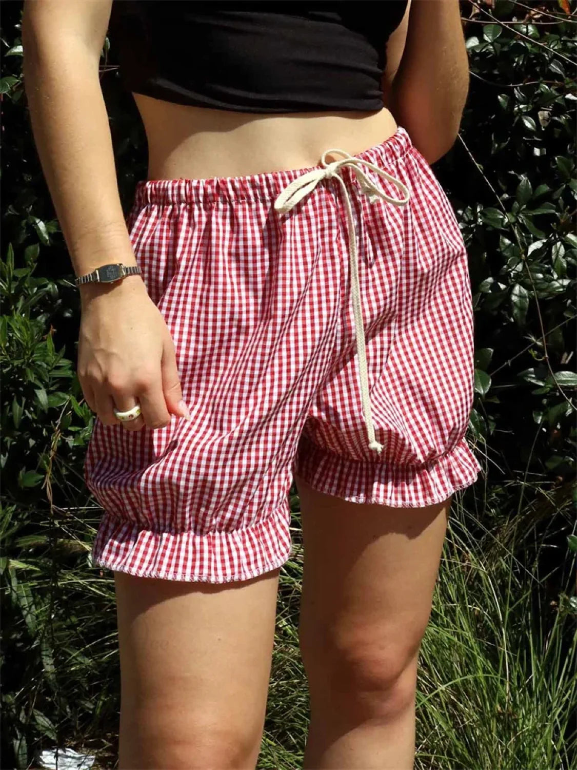 Plaid Ruffled Drawstring Bloomer Short pink / S short-250223
