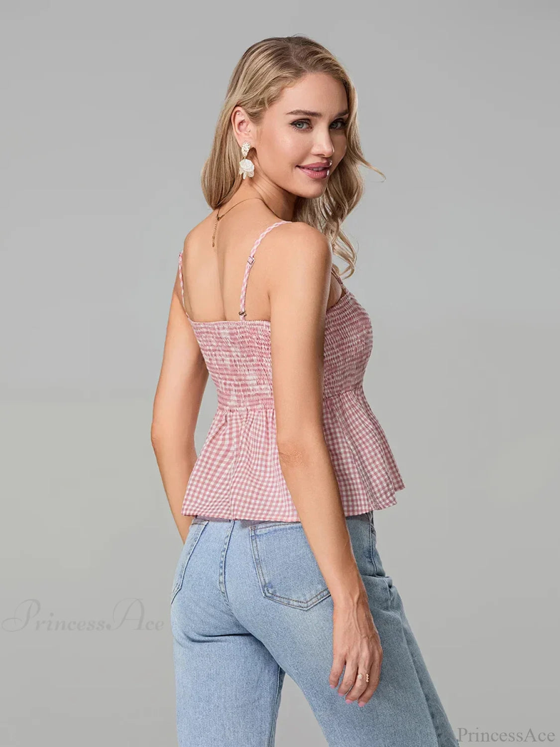 Plaid Smocked Backless Spaghetti Strap Frill Hem Crop Top croptop-250126