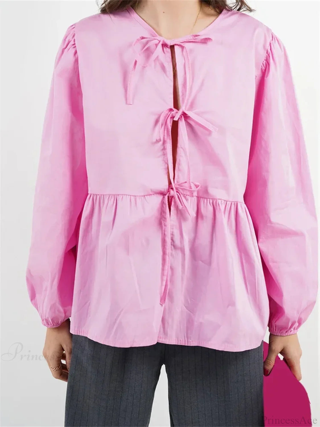 Plaid Stripe Front Tie-up Long Sleeve Blouse Pink / S blouse-250126