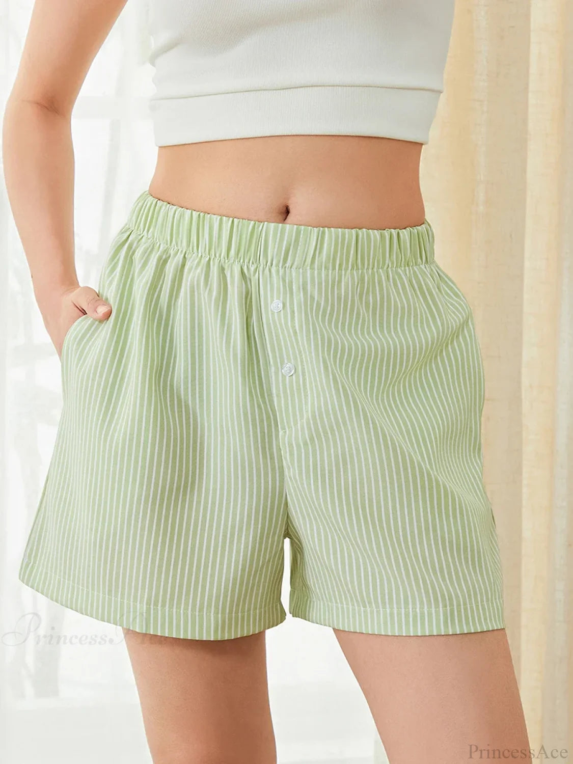 Plaid Striped Button Lounge Short short-250223