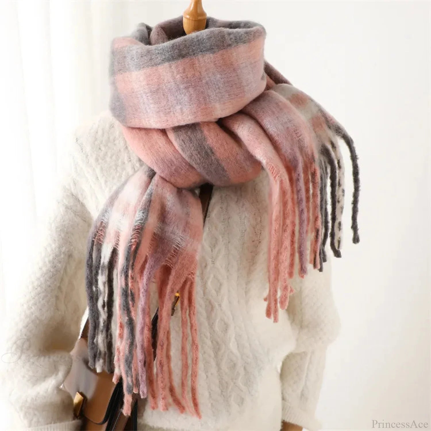 Plaid Striped Imitate Cashmere Outdoor Woman Scarf - Keep Warm And Soft Thick Pink / 220X52Cm