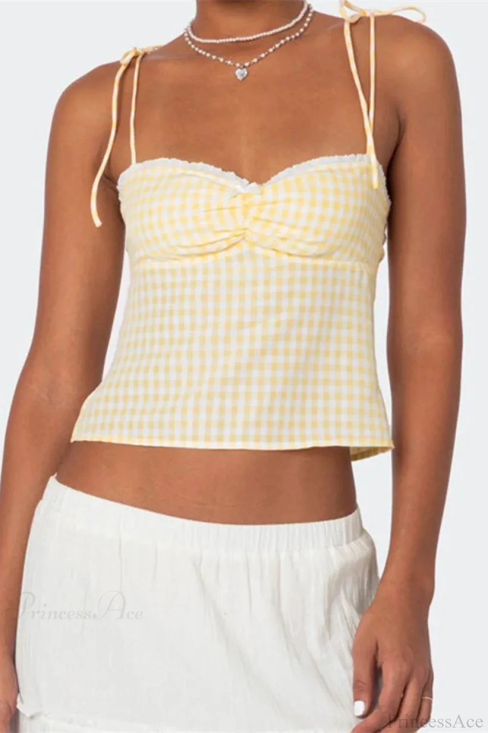 Plaid Tie-up Backless Ruched V-neck Crop Top Yellow / S croptop-250126