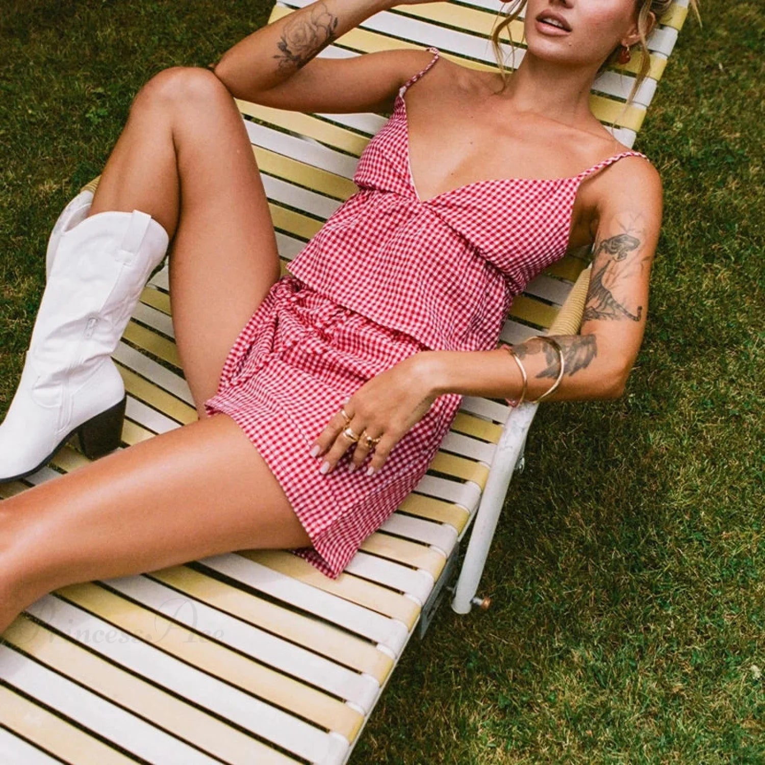 Plaid V Neck Backless Tie-Up Camis Elastic Waist Shorts Two Pieces Set twopiecesset-250126